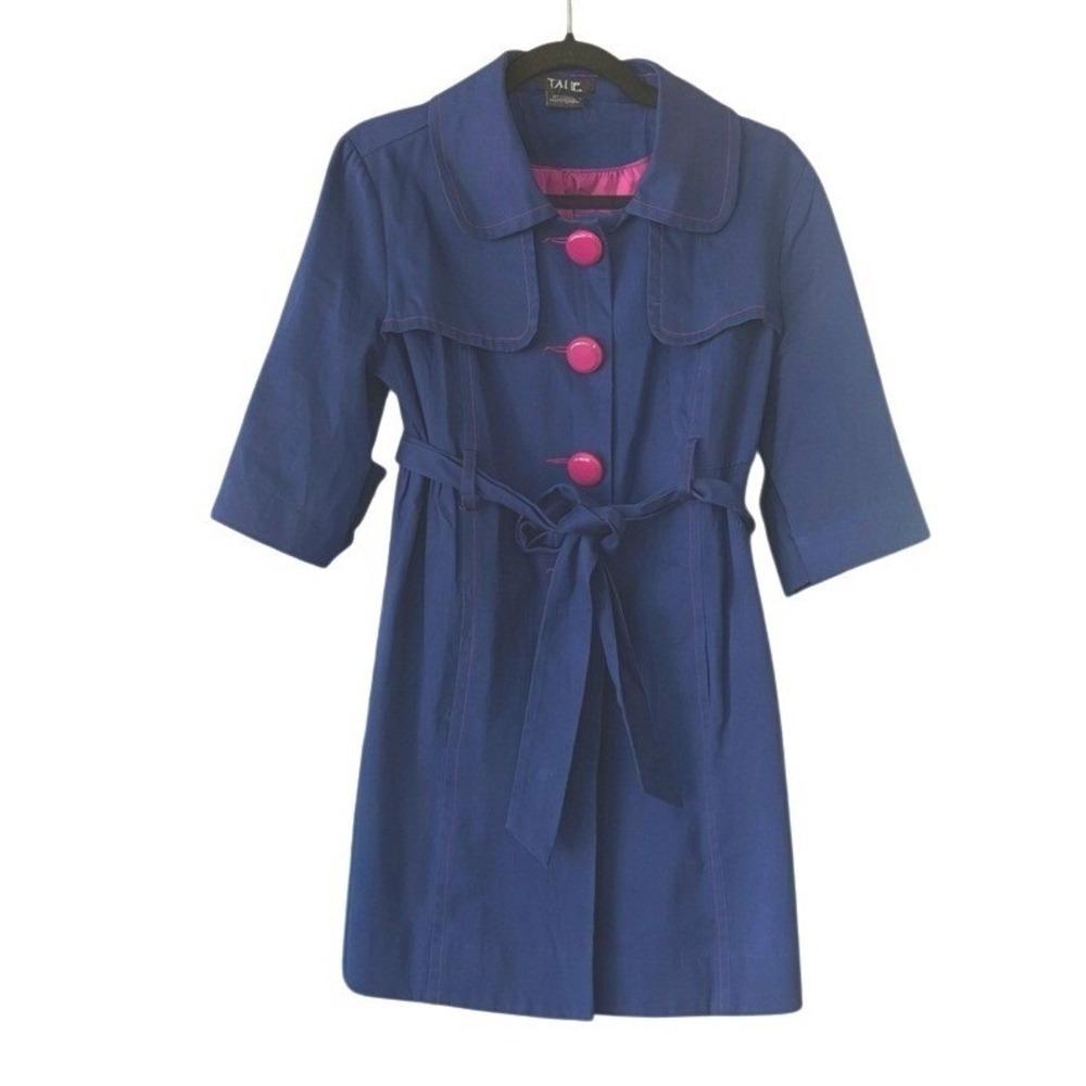 Talie Royal Blue Short Trench Coat Pink Buttons Belted Sz‎ M Edgy Statement Prep